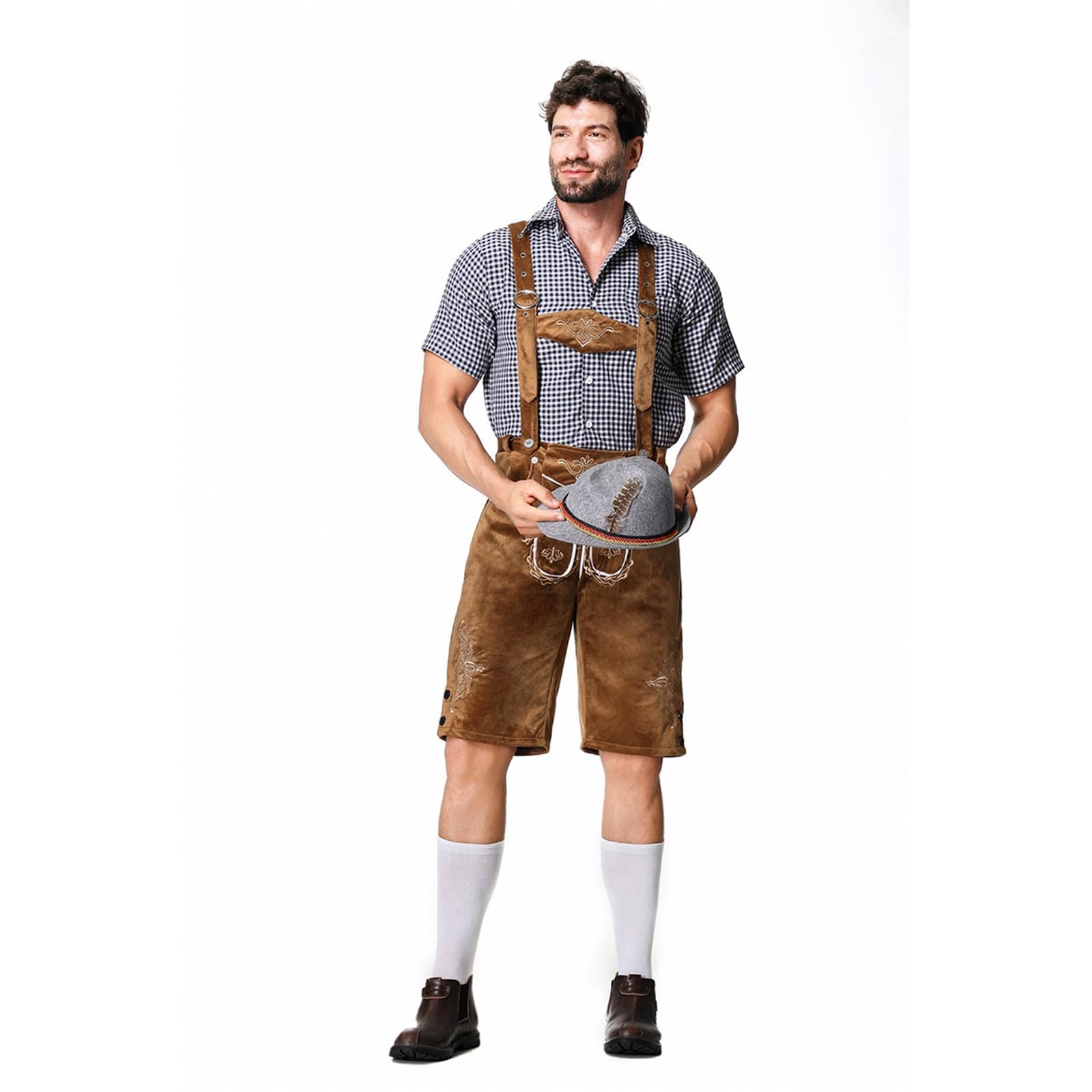 Lederhose Herren Kurz,Lederhosen Tracht Herren Oktoberfest Outfit Mit Abnehmbarem LäTzchenträGer Kariertes Trachtenhemd Und Bayerischen FilzhüTe Dunkelbraun Trachtenlederhosen FüR Bierfest