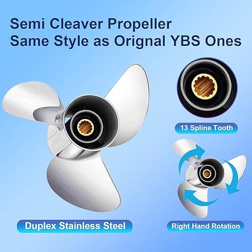 Miniatura 2 de 10.25 x 141516-G Hélice fueraborda de acero inoxidable pulidonegro para motores Yamaha 40-60,13 dientes ranurados, RH, estilo semi cuchillo como