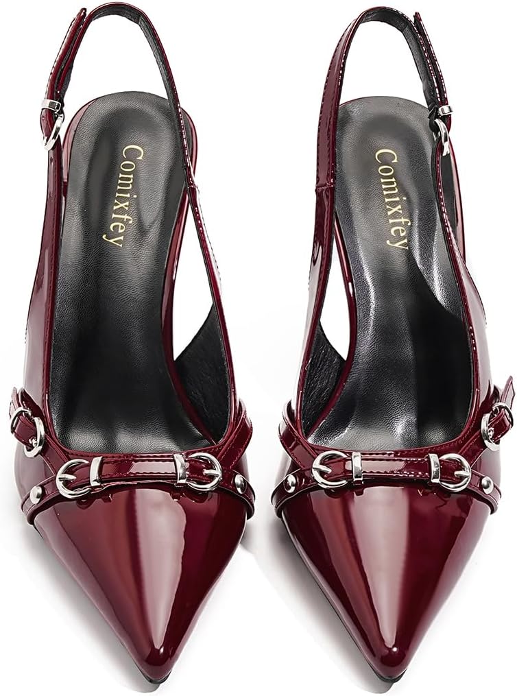 Women's Pointed Toe Slingback Pumps | High Stiletto Heels with Adjustable Buckle