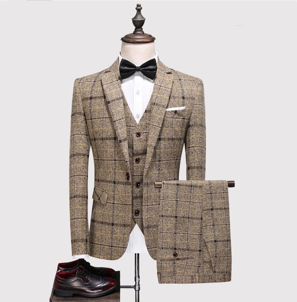 Men's Three Pieces Plaid Suit Single Breasted Button Business Tuxedos (Jacket+Vest+Pants)