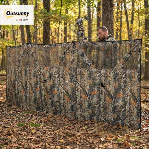 Outsunny Hunting Blind with One-Way View Mesh, 3-Panel Blind See Through with Wind Screen, 3 Storage Pockets, Guylines and Stakes, 176\" x 58.3\", Camouflage
