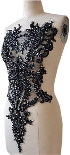 Apliques de encaje hechos a mano con diamantes de imitación para coser en perlas para accesorios de ropa de vestir (negro)