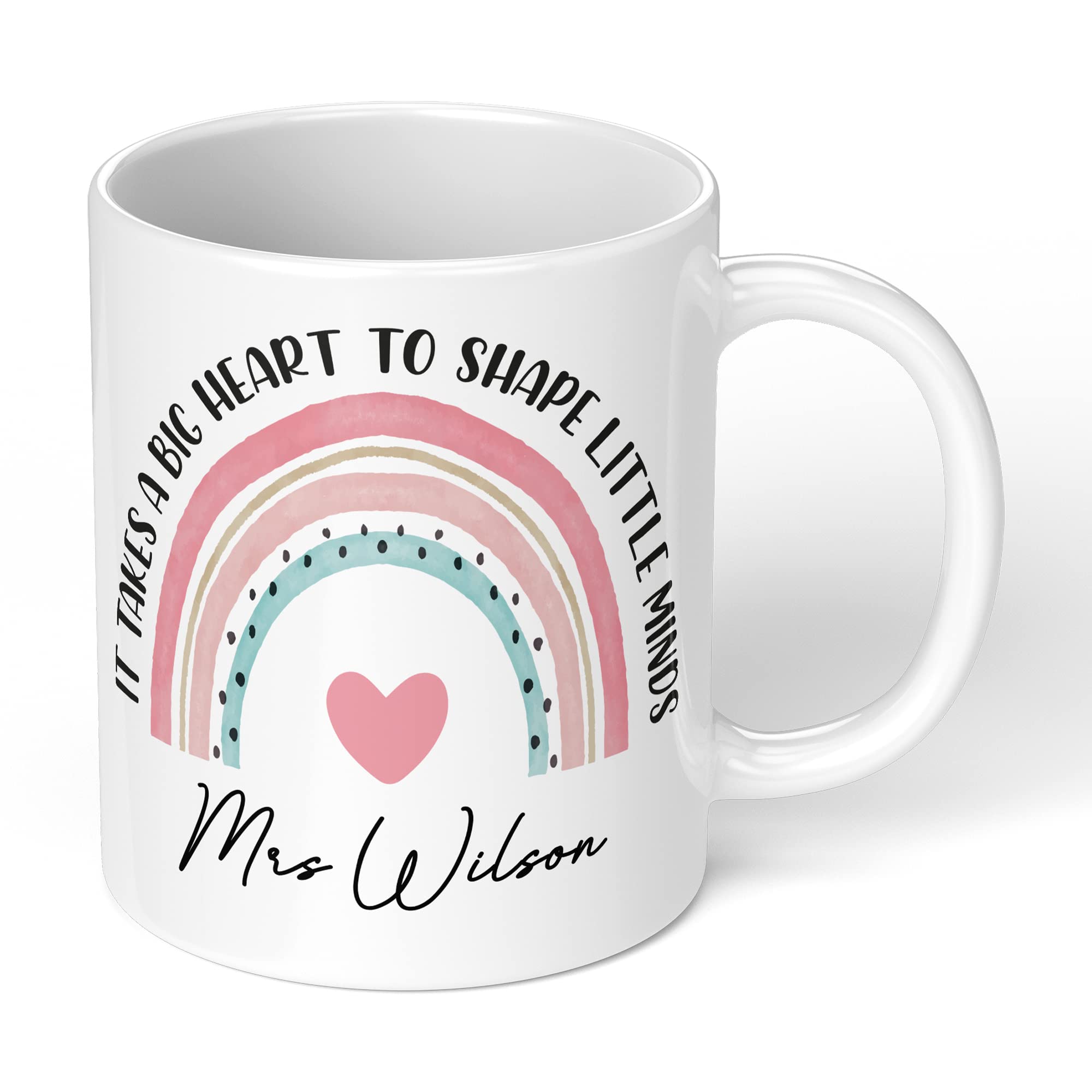 Personalised Teacher Mug – Thank You for End of Term or School Leavers – Custom Rainbow Design – 11oz Ceramic Coffee Tea Cup – Microwave & Dishwasher Safe – Teacher Appreciation Present