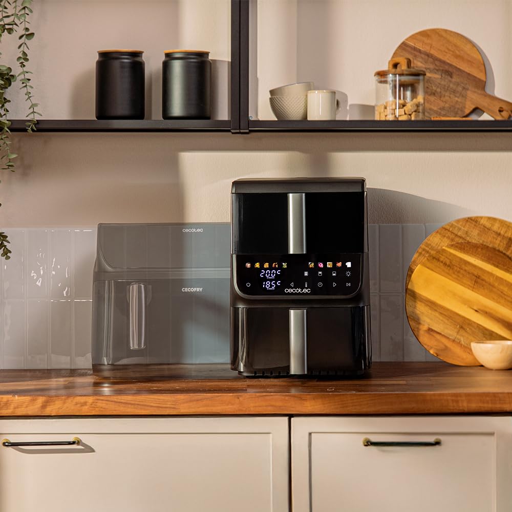 Cecotec Bezolejowa frytkownica powietrzna - Air Fryer 10L Cecofry DuoLevel 10000 DuoSize Window. 2000 W, konstrukcja pionowa, 2 zbiorniki 3,5 l i 6,5 l, synchronizacja, 10 menu, temperatura 80-200ºC