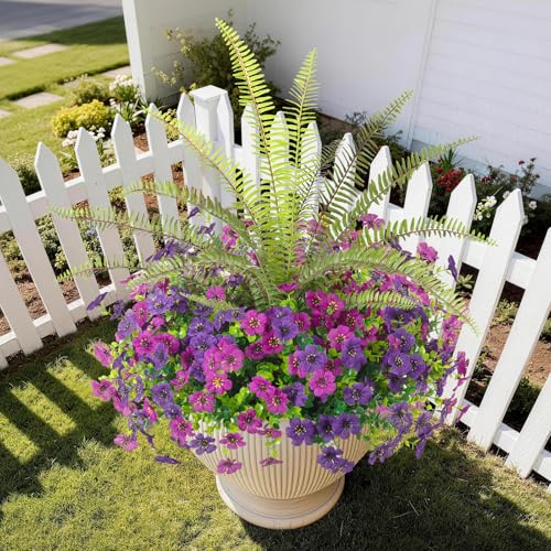 Artificial Flowers for Outdoors UV Resistant Spring Summer Decoration, 13 Bundles Fake Plants Faux Fern Realistic Silk Flowers for Outside Planters Porch Patio Garden Back Yard (Red Lotus Deep Purple)