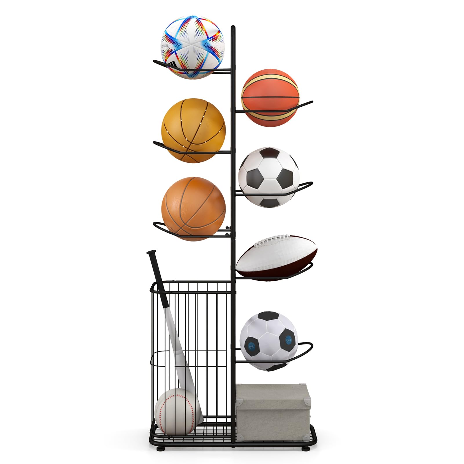 GYMAX Ball Storage Rack, Sports Equipment Organizer Ball Holder with Basket and 7-Tier Detachable Stand, Vertical Basketball Rack Display Rack for Volleyball Football Gear