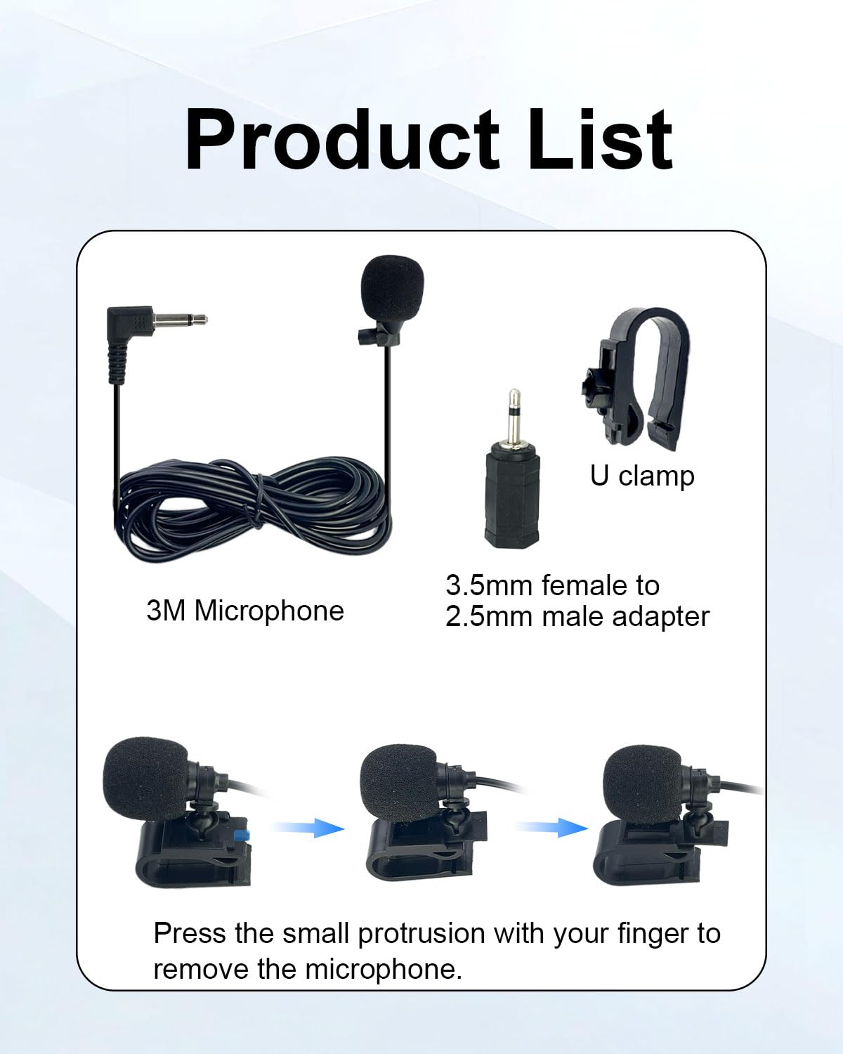 Microphone Voiture 3,5 mm Externe avec Pince en U Compatible avec Sony Pioneer Kenwood JVC Alpine, Micro de Rechange pour Autoradio GPS DVD, Câble de 3M avec Adaptateur 3,5 mm vers 2,5 mm - 5