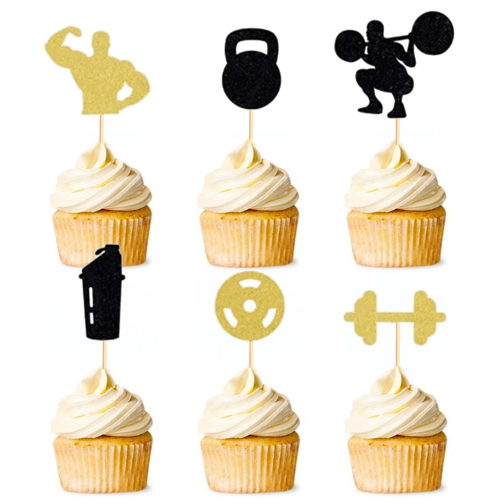 24Pcs Gym Weightlifting Cupcake Toppers Workout Fitness Dumbbells Cake Toppers Decorations for Gym Strong Theme Party Birthday Party Supplies