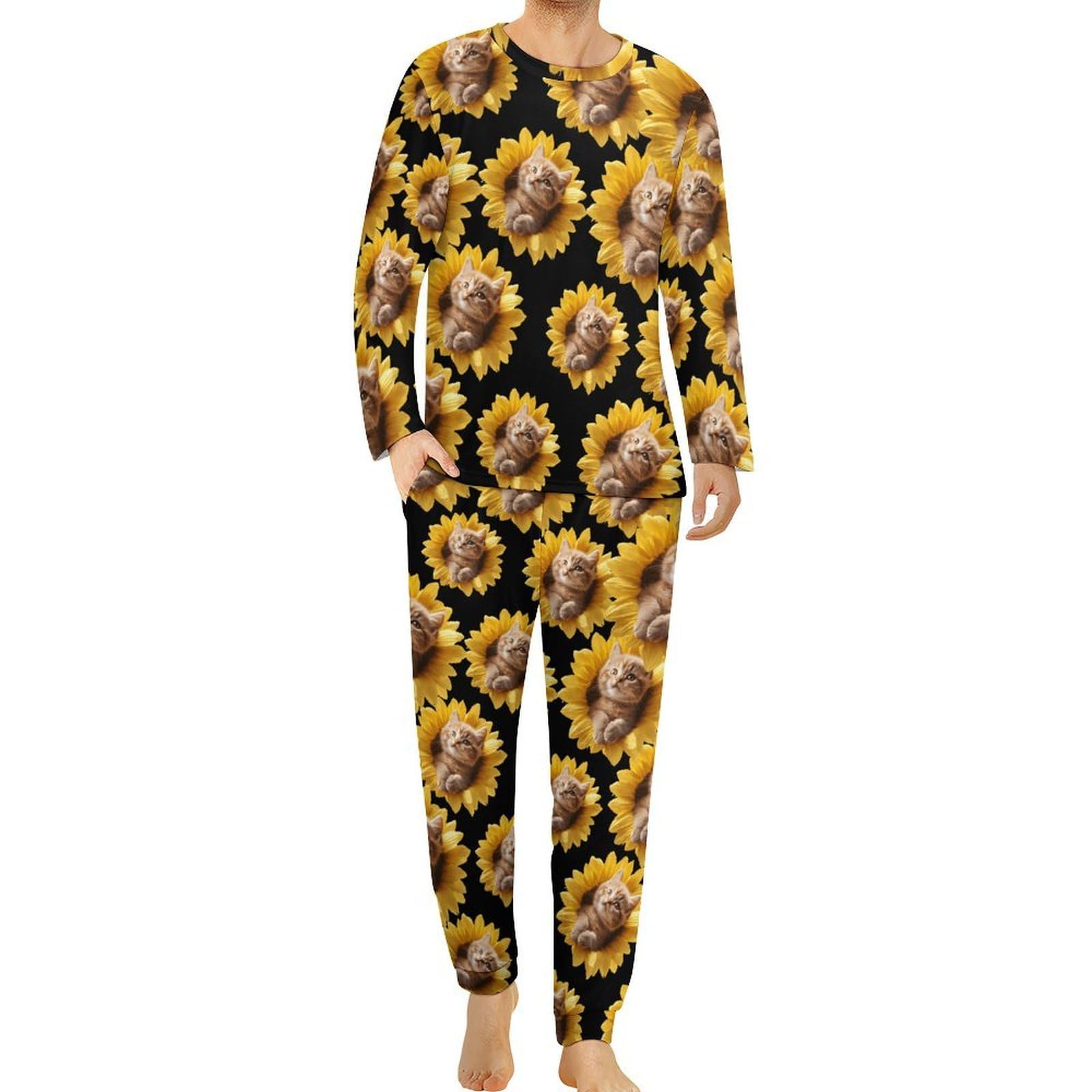 Conjunto de pijama de girasol para hombre, cuello redondo, 2 piezas, manga larga, suave, transpirable para todas las estaciones