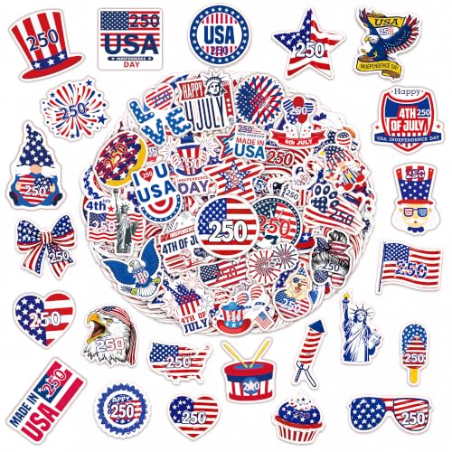 ArtCreativity 250 Patriotic Stickers for Kids - Waterproof USA Theme Vinyl Stickers for Water Bottles Laptops Scrapbooks and Crafts - Unique No Duplicate American Flag Designs