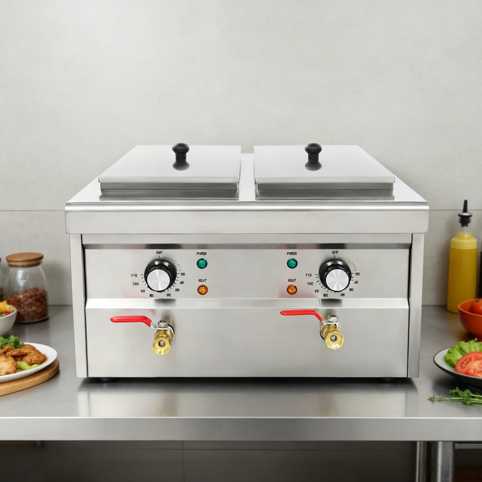 Fornello elettrico professionale commerciale da 2200 W, fornello elettrico in acciaio inox 9 l, controllo della temperatura da 30 a 110 °C, con 4 cesti per pasta e 2 coperchi, adatto per cucinare vari