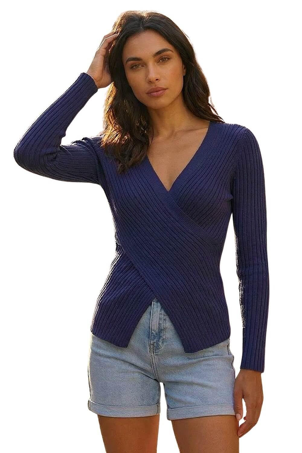 Roman Originals Women's Wrap Front Navy Cable Split Detail Rib Jumper For Uk - Everyday Autumn Winter V-Neckline Comfy Soft Evening Vacation Work Party Night Out - Size 12