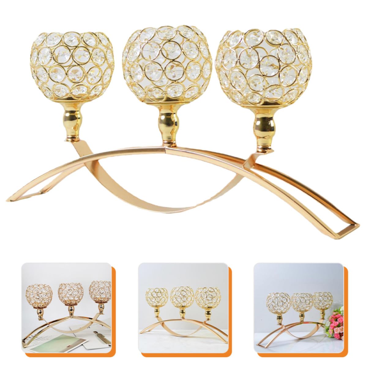 Candelero de Metal y Cristal de 3 Brazos, Diseño Decorativo Dorado