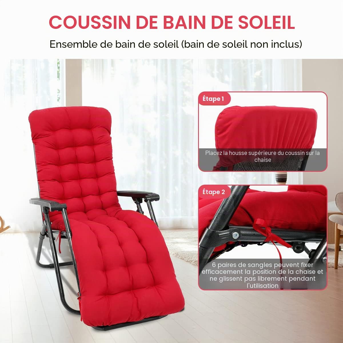Coussin de Chaise Longue Bain de Soleil, Coussin Transat Jardin Exterieur avec Capuche Antidérapante, Coussin Matelassé Chaise Longue Épais, Coussin Transat pour Fauteuil Relax Lounge (Rouge)
