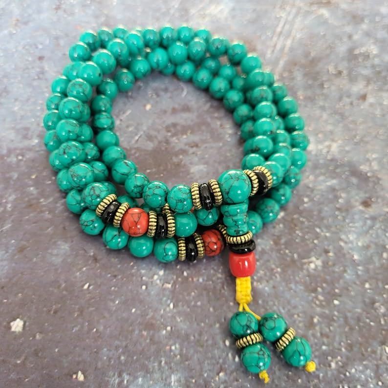 Naturalny zielony turkus 8 mm 108 koralików mala, duchowe, koraliki medytacyjne, Reiki, Japa Mala, buddyjskie koraliki modlitewne, bransoletka do jogi, koraliki lecznicze
