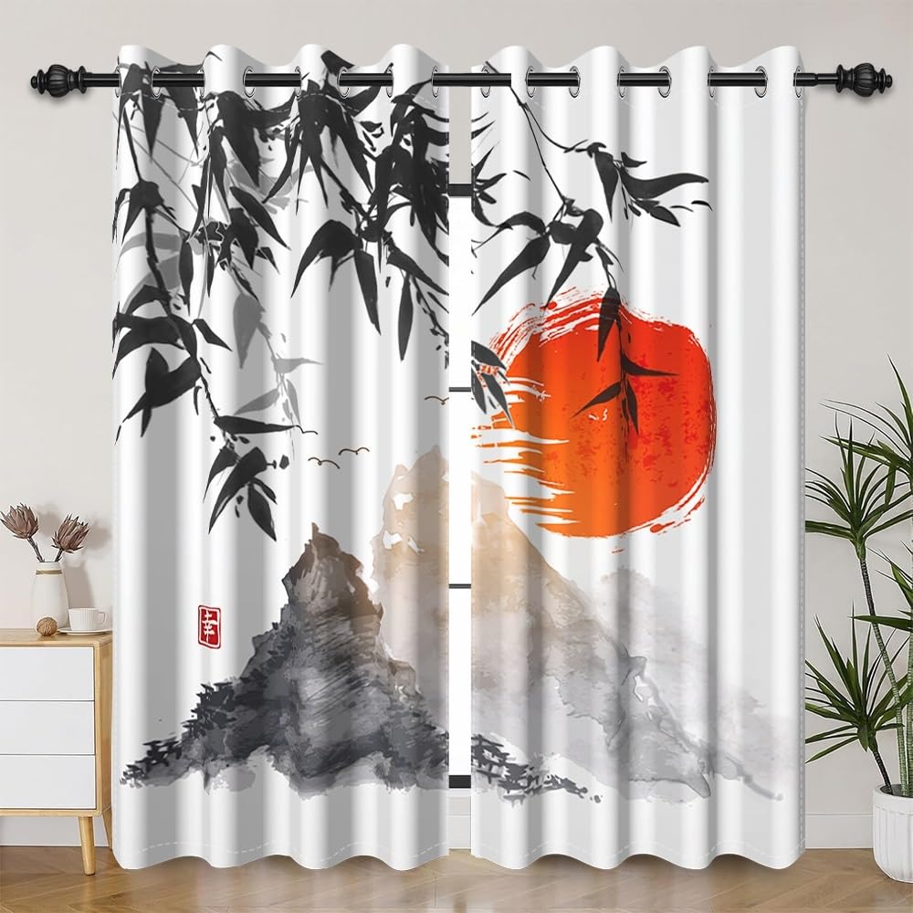 Cortinas japonesas con pintura de tinta, monte Fuji, sol rojo, atardecer, hojas de bambú, cortinas de ventana para dormitorio, sala de estar, estilo asiático japonés, cortinas de cocina, juegos