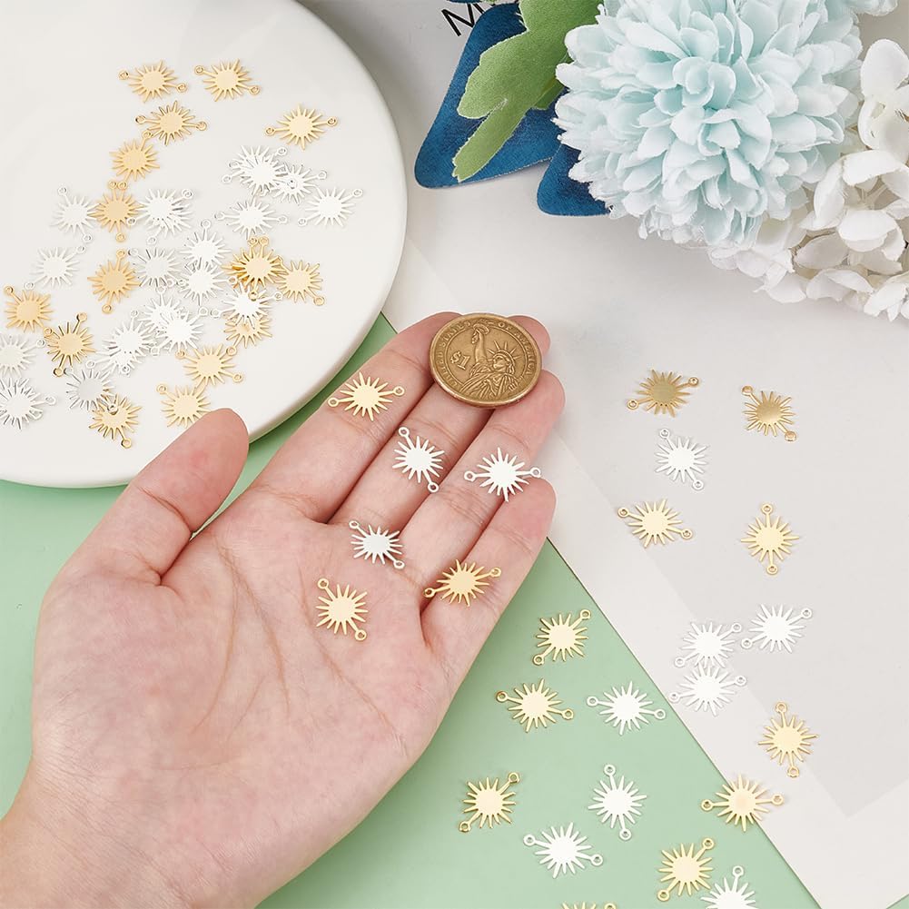 BENECREAT 60Pcs 2 Colors Real 24K Gold & 925 Sterling Silver Plated Brass Link Charms, Sun Connectors with Double Hole for Bracelet, Necklace and DIY Jewelry Making - Image 3