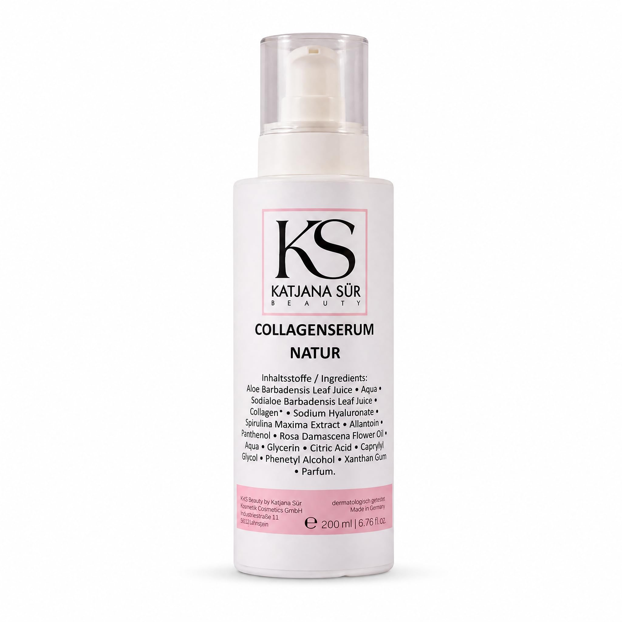 KS Beauty Collagen Serum Natur, Hyaluron & Aloe Vera, 200 ml | Feuchtigkeitsserum für Gesicht mit Rosenöl, Spirulina & Panthenol – dermatologisch getestet, Made in Germany