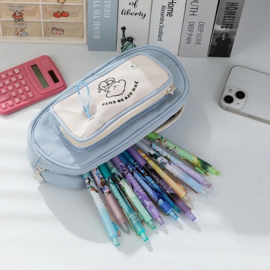 Image of Canvas School Bag Pencil Case, 3 Layer 6 Compartment Large Capacity, Aesthetic Pencil Pouch for Stationary, Cute Stationery for Kids, Pencil Case for Girls & Boys (Blue Cream)