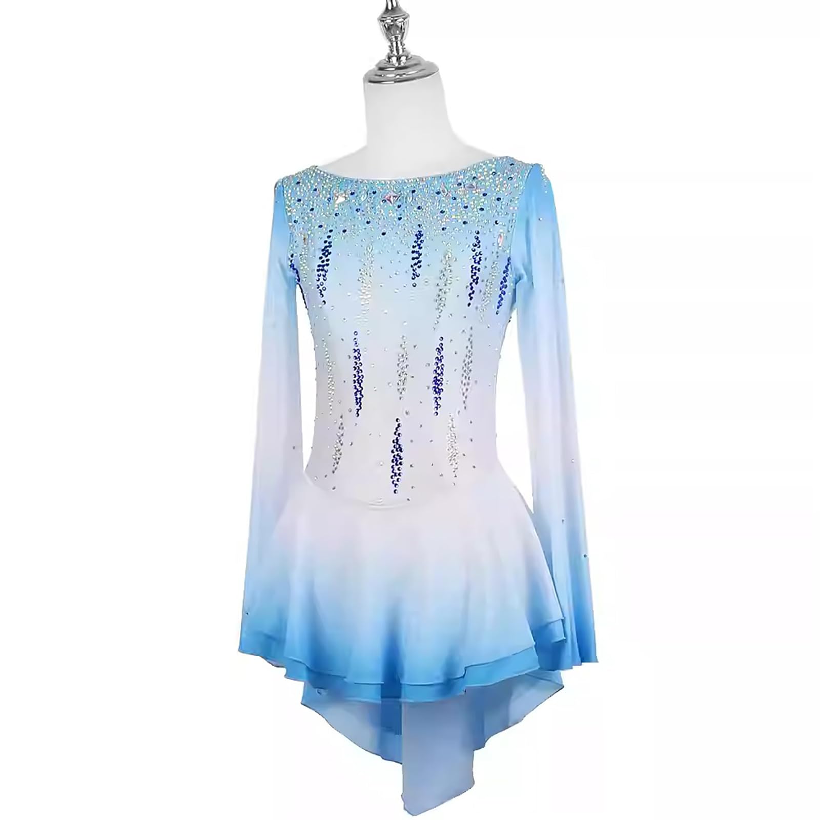 Vestido de patinaje artístico para mujer, alta elasticidad, color azul de manga larga, patinaje artístico, para concurso
