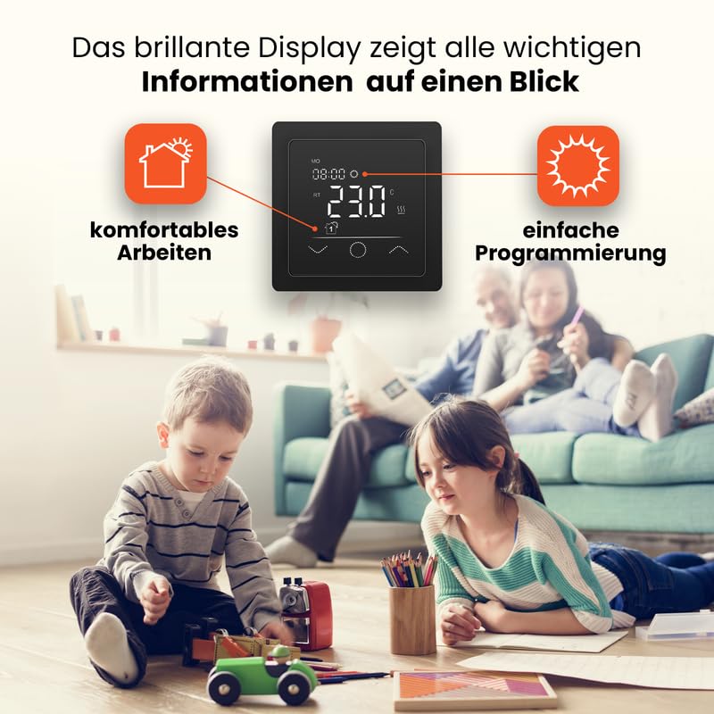 Touchthermostat, Heizungsthermostat – Digital Thermostat Heizung, Thermostat Fußbodenheizung, Thermostat Heizung (Schwarz)