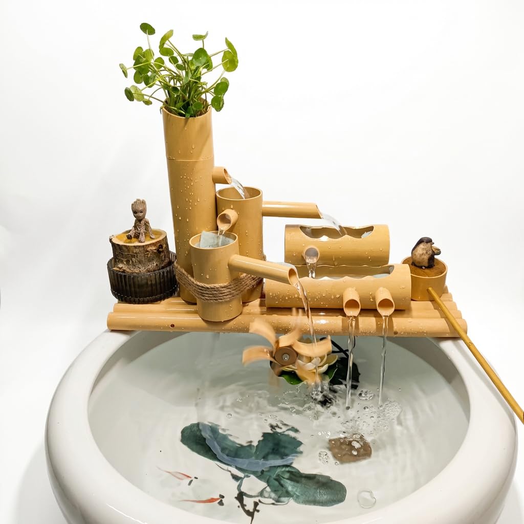 Fontana decorativa alimentata a cascata, fontana da giardino giapponese, ugello a cascata per esterni, fatto a mano, lunghezza 50 cm, design tradizionale asiatico, decorazione per stagni interni ed