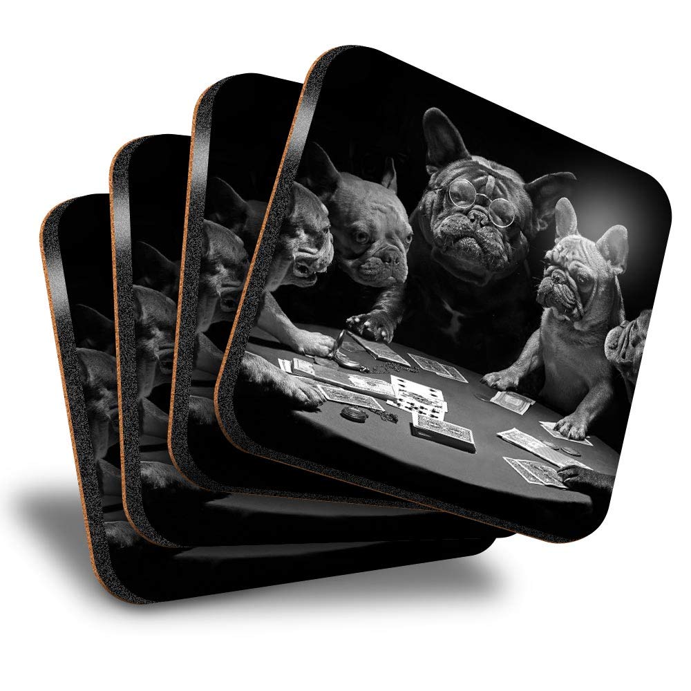 Destination Vinyl Ltd Multicolor Great Coasters (Set Of 4) Square - Bw - French Bulldogs Playing Cards Dog Drink Glossy Coasters/Tabletop Protection For Any Table Type #42897