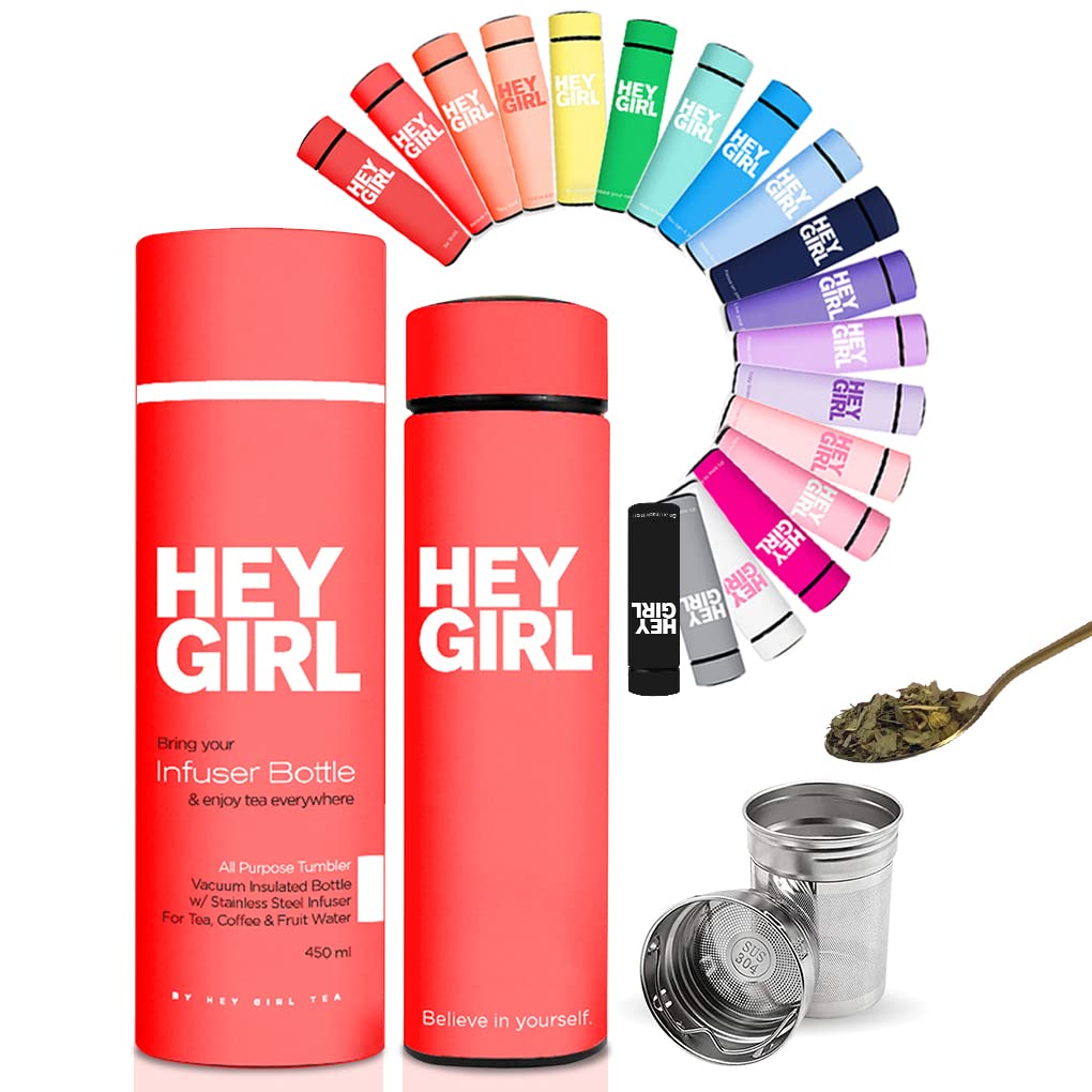 Hey Girl Tea Infuser Bottle 450ml - Insulated Stainless Steel Water Bottle - Tea Tumbler with Tea Diffuser - Portable Travel Mug for Loose Leaf Tea & Infused Water - Tea Lovers Gifts for Women