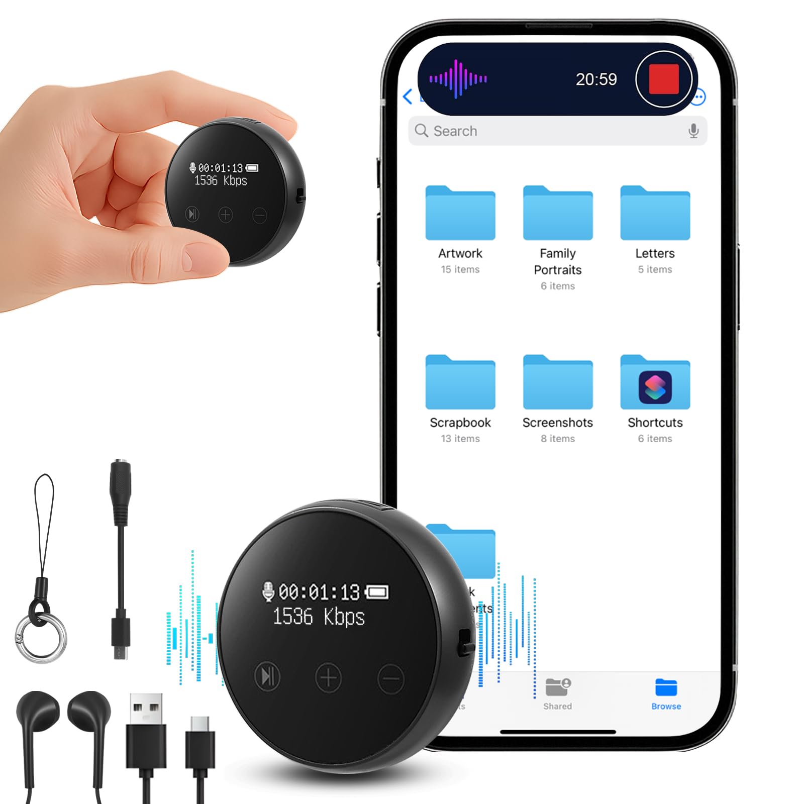 Enregistreur vocal 64G 1536 Kbps, enregistrement à une touche, commande vocale, appareil d'enregistrement audio, 35 heures d'enregistrement, réduction du bruit, enregistreur vocal portable pour