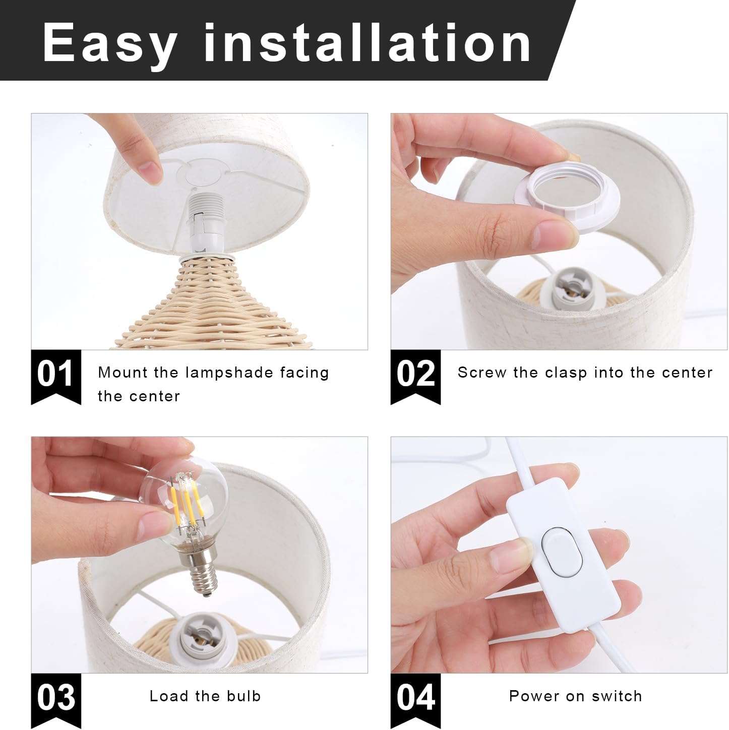 Rattan Bedside Table Lamp Set of 2, Boho Farmhouse Style with Cotton Linen Lampshade, 11.8 Inch Small Nightstand Lamp with E12 LED Warm Light Bulb, One-Button Switch for Bedroom Living Room Office