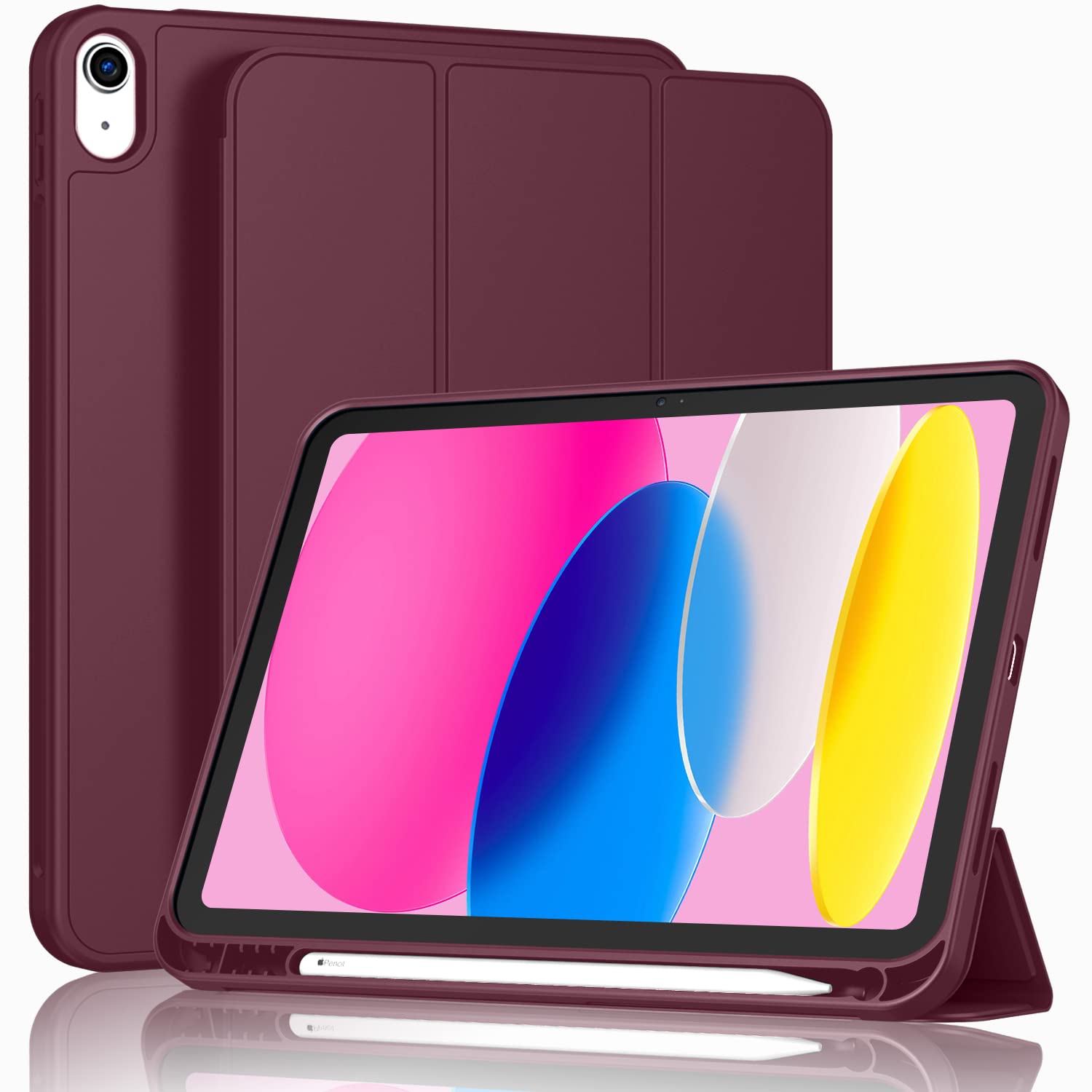 ToaPoia Case for iPad (A16) 11 Inch 2025/iPad 10th Generation 10.9 Inch 2022, Slim Trifold Stand Protective Cover with Pencil Holder and Soft TPU Back,Support Auto Sleep/Wake (Wine)