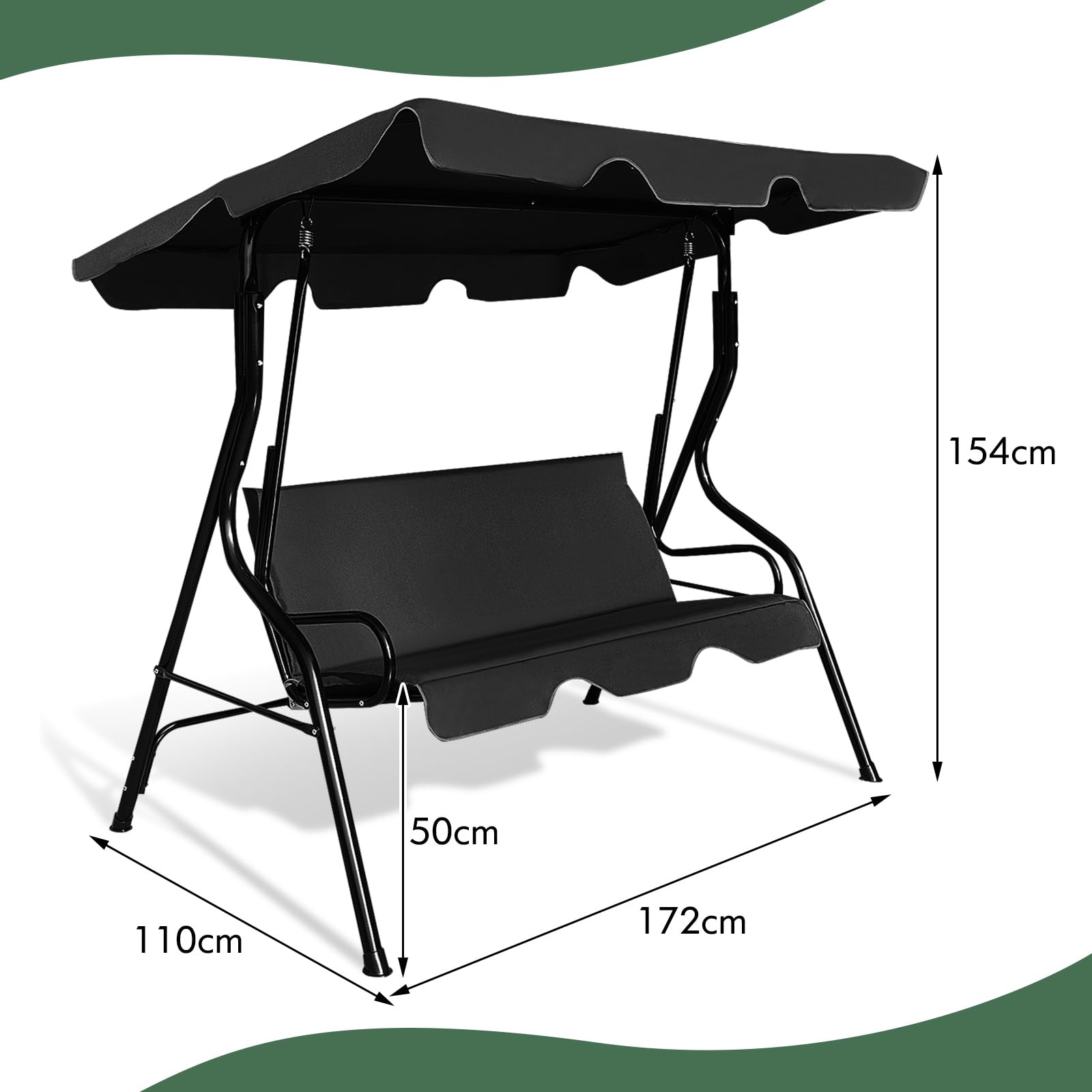 COSTWAY 3-Sitzer Hollywoodschaukel, Gartenschaukel mit verstellbarem Dach, Schaukelbank für Garten, Terrasse & Hinterhof, 172 x 110 x 154 cm (Schwarz)