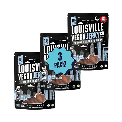 Louisville Vegan Jerky - Carne vegana y vegetariana de pimienta negra ahumada, 0.67 oz de proteína de soja sin OMG, 310 calorías por bolsa,