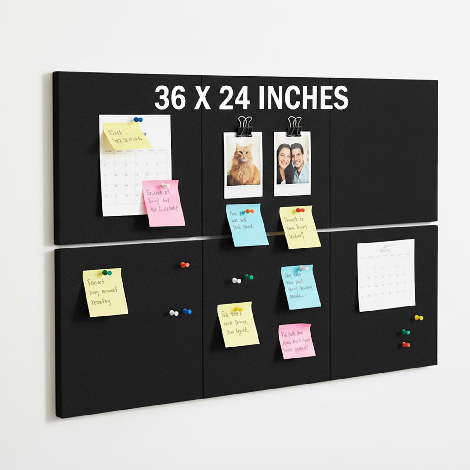 ArtzFolio Felt Bulletin Board Notice Pin Board | 6 Pieces | Self-Adhesive Soundproof Wall Tiles | Acoustic Foam Panels Combo with Push Pins & Sticky Notes | Black | 36 x 24 inch (91 x 61 cms)
