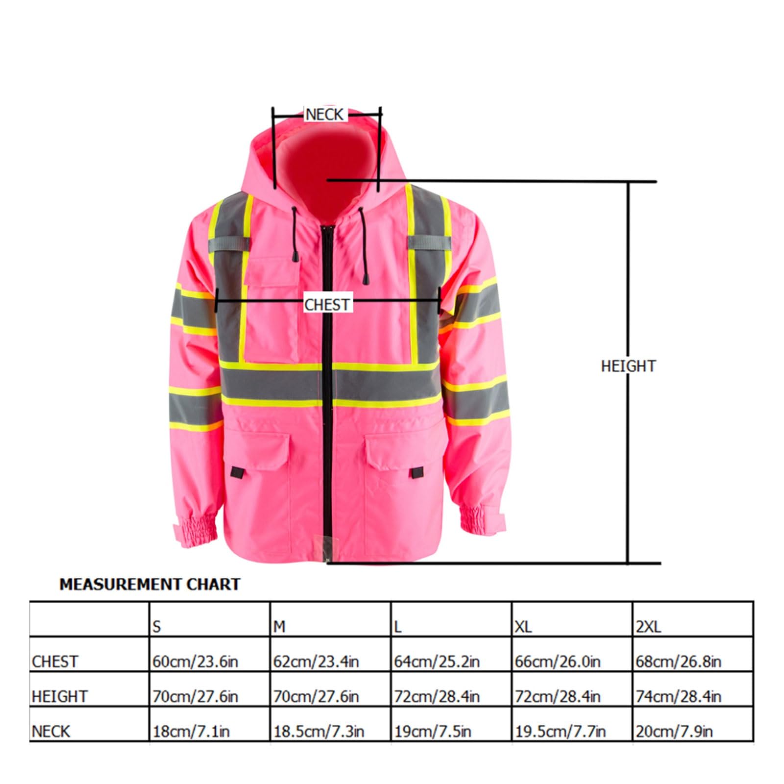 Chaleco reflectante de alta visibilidad, Chaqueta Reflectante de Alta Visibilidad con Capucha Bolsillos Cremallera Rosa S-2XL