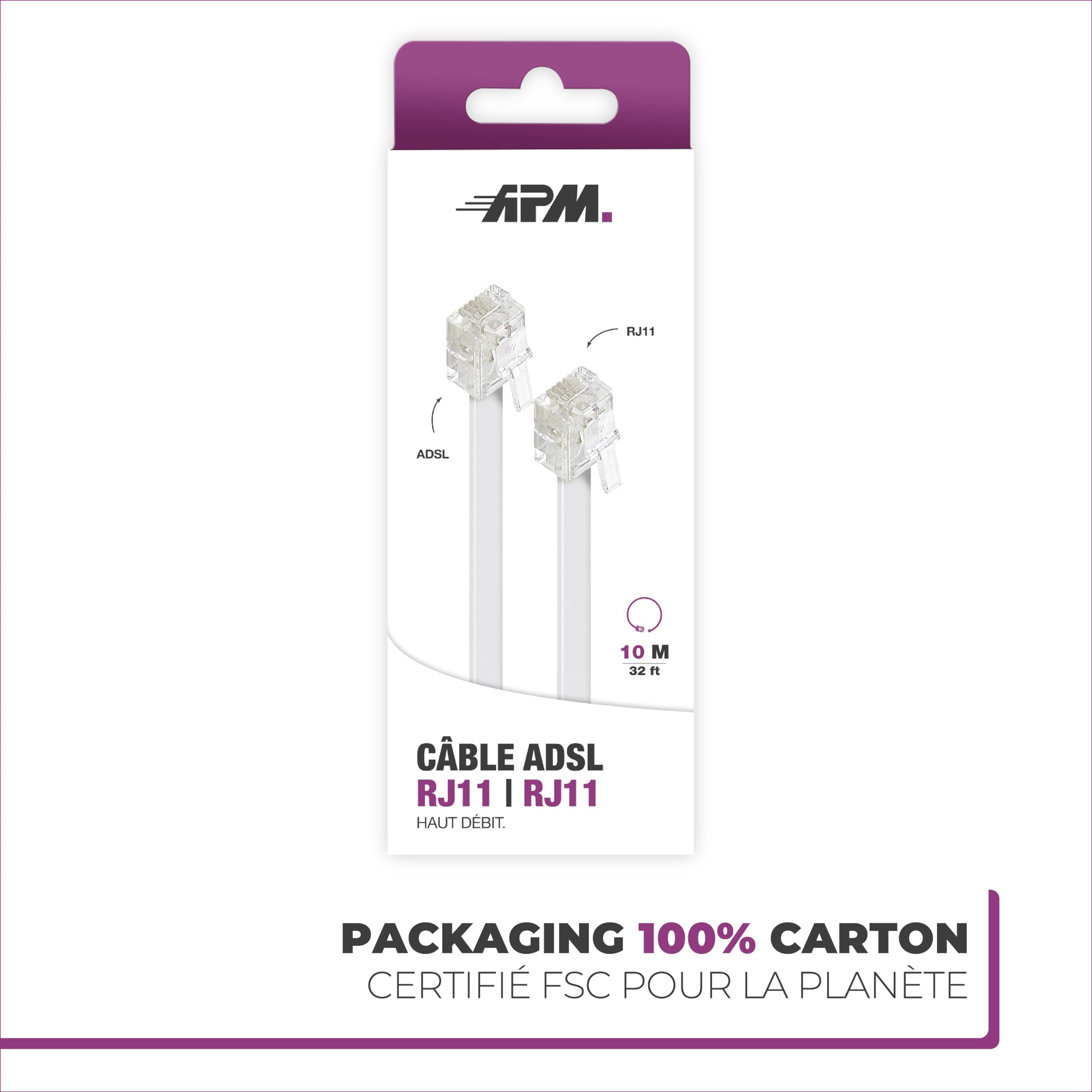 Câble ADSL RJ11 10M Cordon Téléphonique Modulaire 6P4C Plat ISDN DSL VDSL Blanc