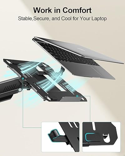 Vista 9 de MOUNT PRO Soporte de pared para laptop, soporte de pared para monitor 2 en 1 con bandeja ventilada para computadora portátil de 11-17 pulgadas