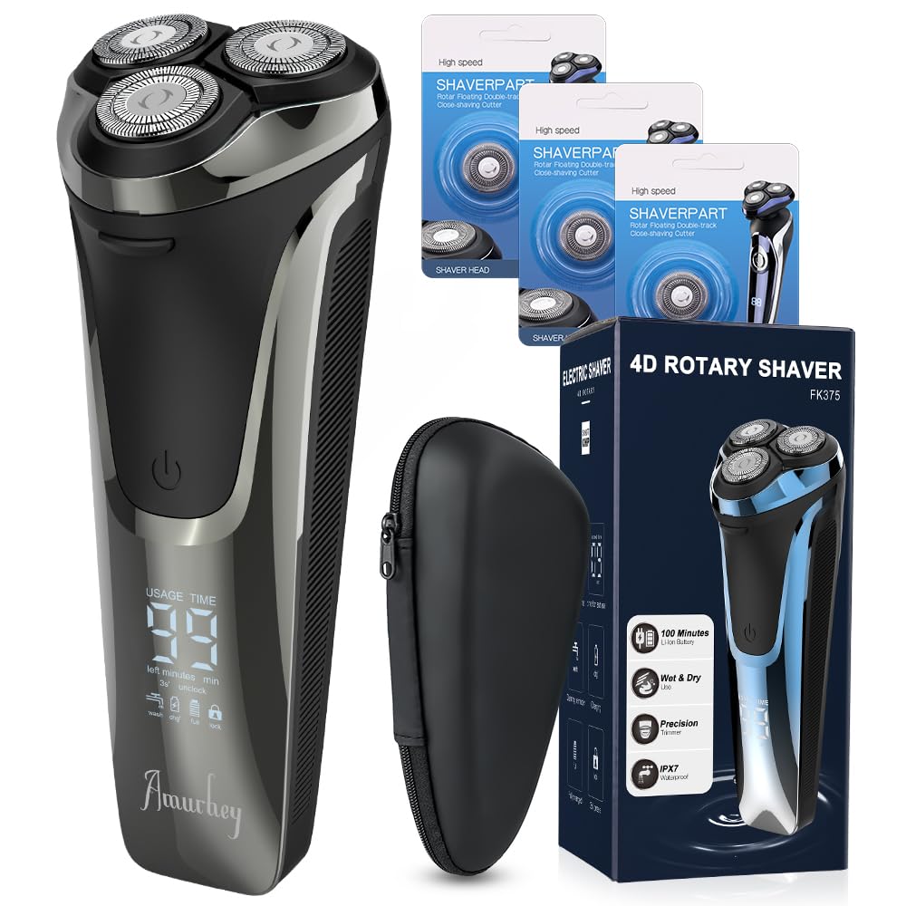 Afeitadora Eléctrica Para Hombre Rotativa con 3 Cabezal Repuesto Afeitadora, Máquina de Afeitar Eléctrica Uso en seco o húmedo, Afeitadoras Recortadora de Barba - 99 min de afeitado, Funda de viaje