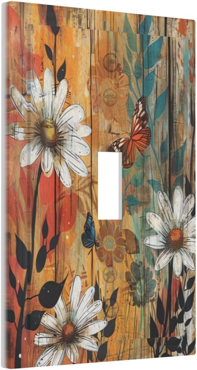 Rustic Daisy Floral Wood Light Switch Cover Decorative Vintage Flower Butterfly Single Toggle Wall Plate 1 Gang Switch Plates Electrical Faceplate for Bathroom Kitchen Bedroom Decor 5" x 3"