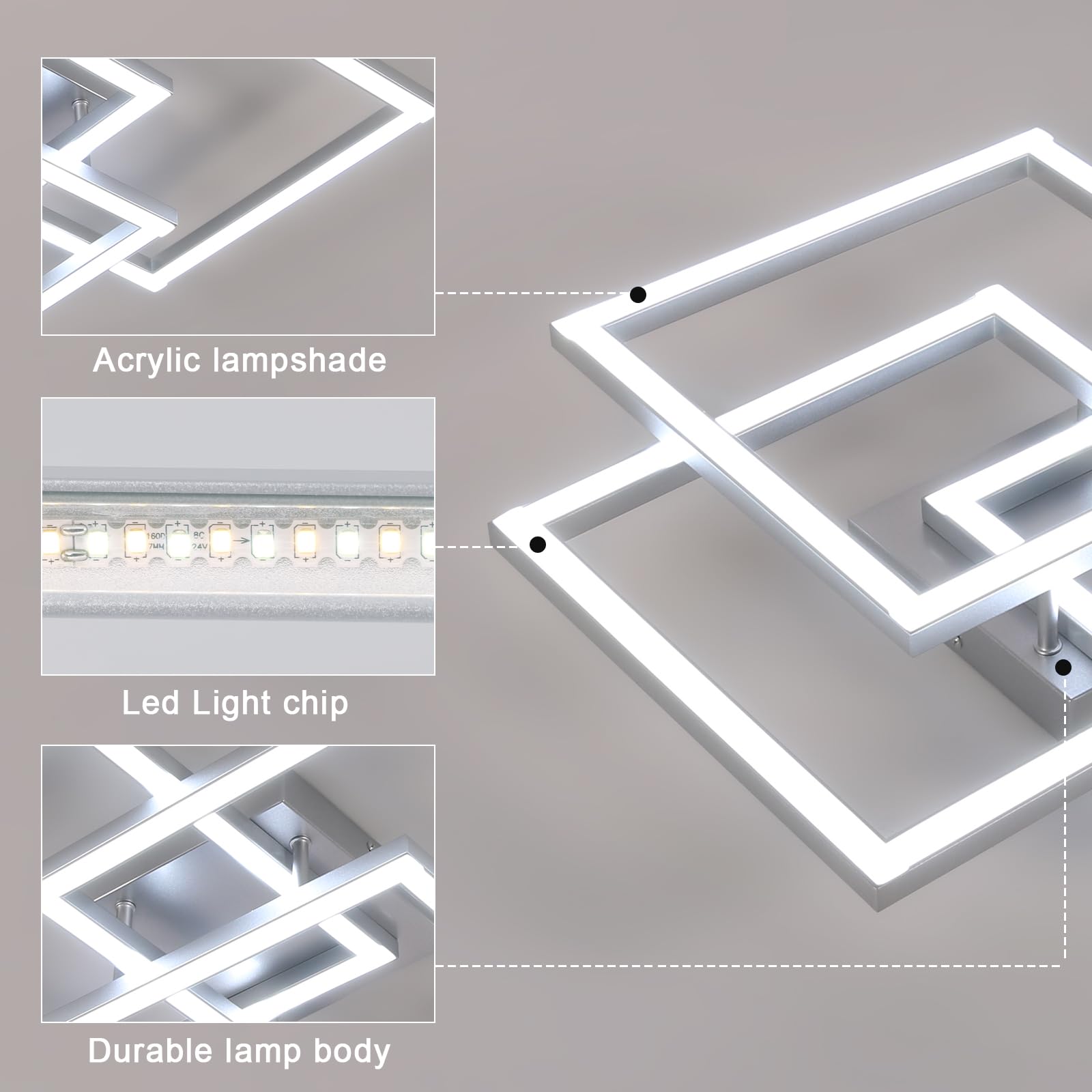 DELIPOP Plafoniera LED Soffitto Dimmerabile 3000K-6500K, Lampadario Camera da Letto Moderno 40W 4500LM, Lampada da Soffitto Argenteo Quadrata per Soggiorno, Camera da Letto, Sala da Pranzo