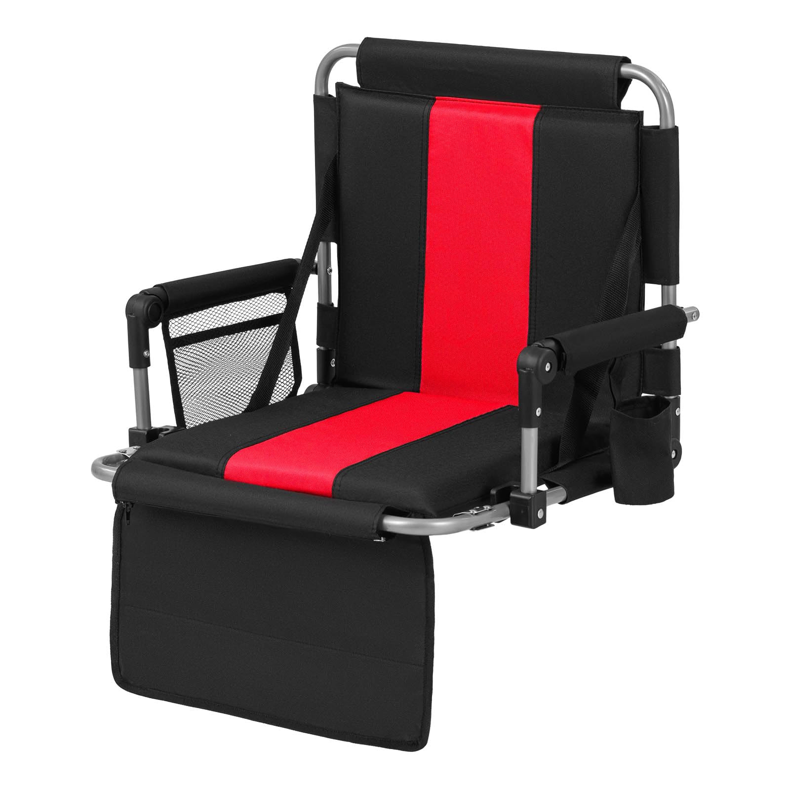 GOPLUS Silla de Estadio Portátil Plegable con Respaldo Acolchado, Reposabrazos, Asa de Transporte y Correa Ajustable,Portavasos y Bolsillos,Conjin de Exterior para Eventos (54x43x44 cm,Negro+Rojo)
