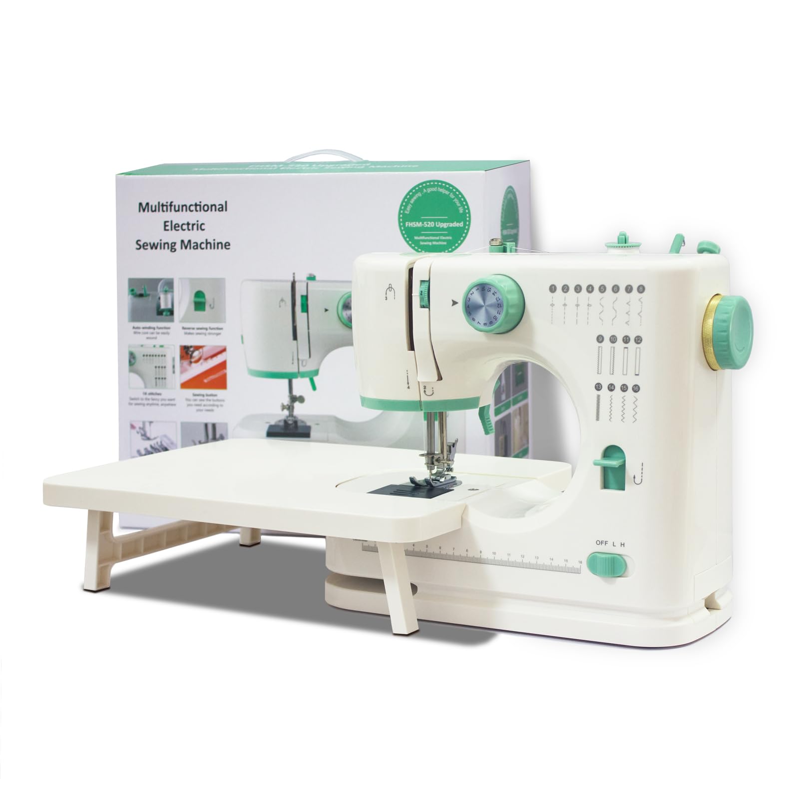 ShyangLiang Portable Sewing Machine for Beginners, 16 Built-in Stitches and Reverse Sewing, adjustable sewing speed, small sewing machine with two needle types, foot pedal(with Extension Table)