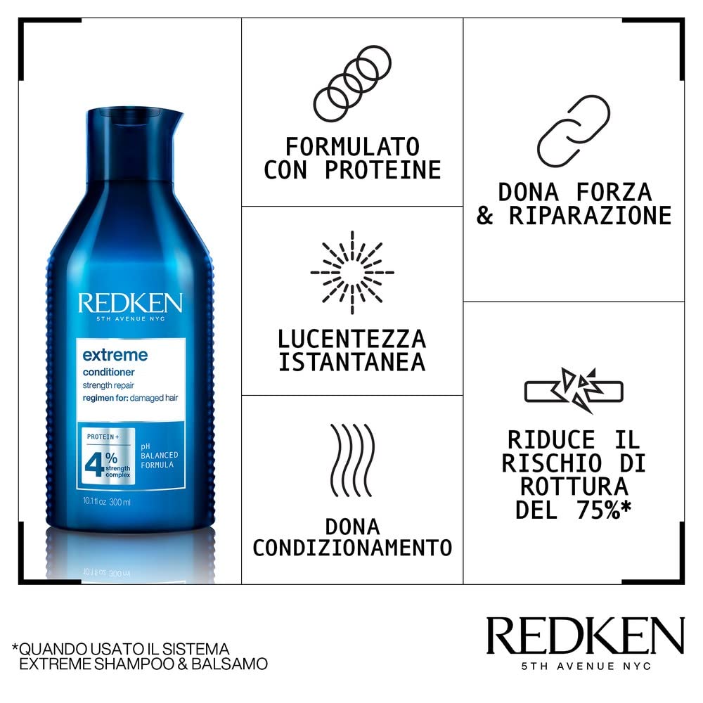 Redken Extreme Shampoo 300Ml + Balsamo 300Ml + Anti-Snap 250Ml | Kit Professionale, Ripara i Capelli Danneggiati e Contrasta le Doppie Punte