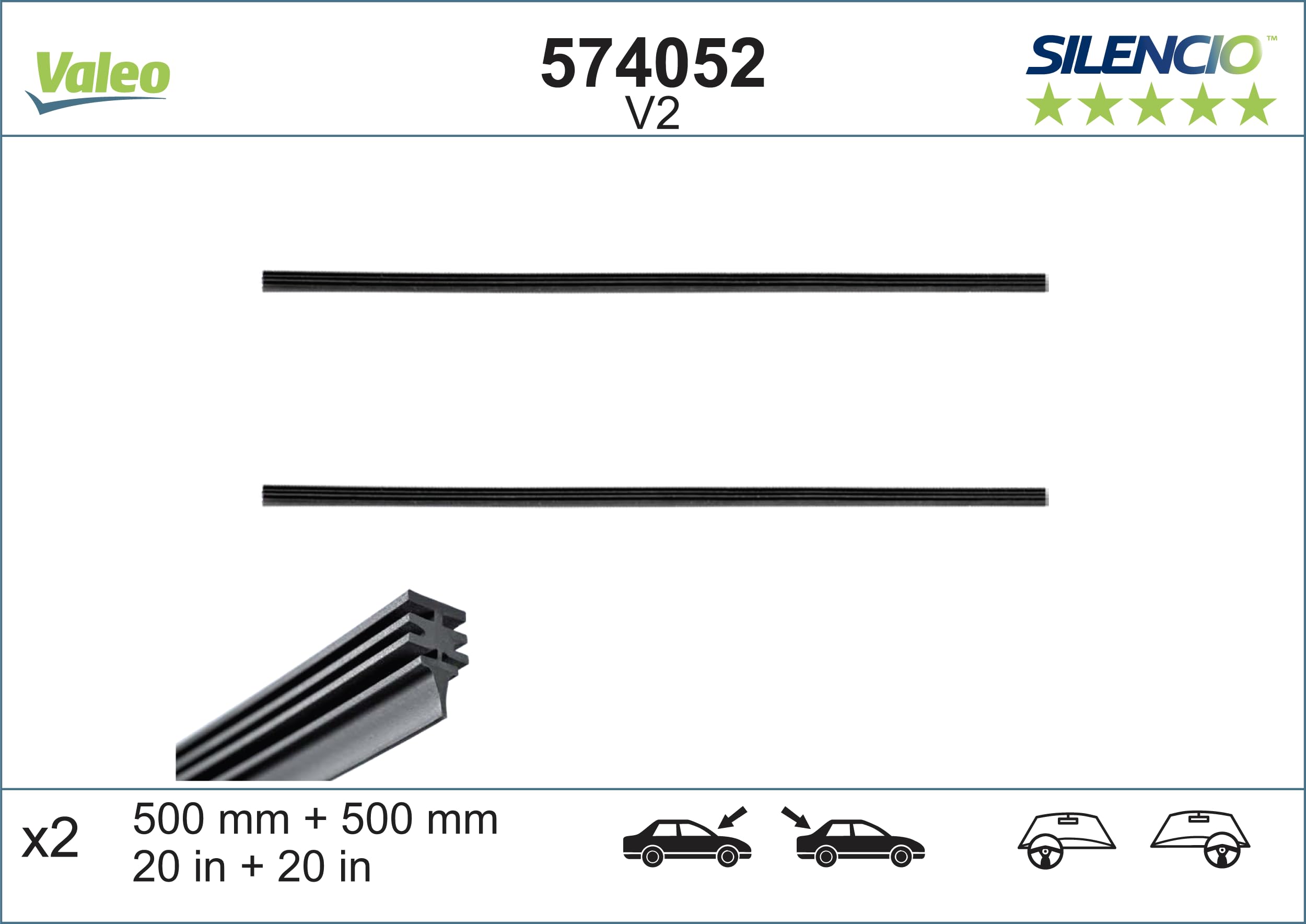 VALEO Silencio Tergicristalli VF902 Kit di Spazzole tergicristallo originali Flat Blade ad Alte Prestazioni, Maggior Visibilità su Strada 550mm /500mm Anteriore Confezione da 2 577902