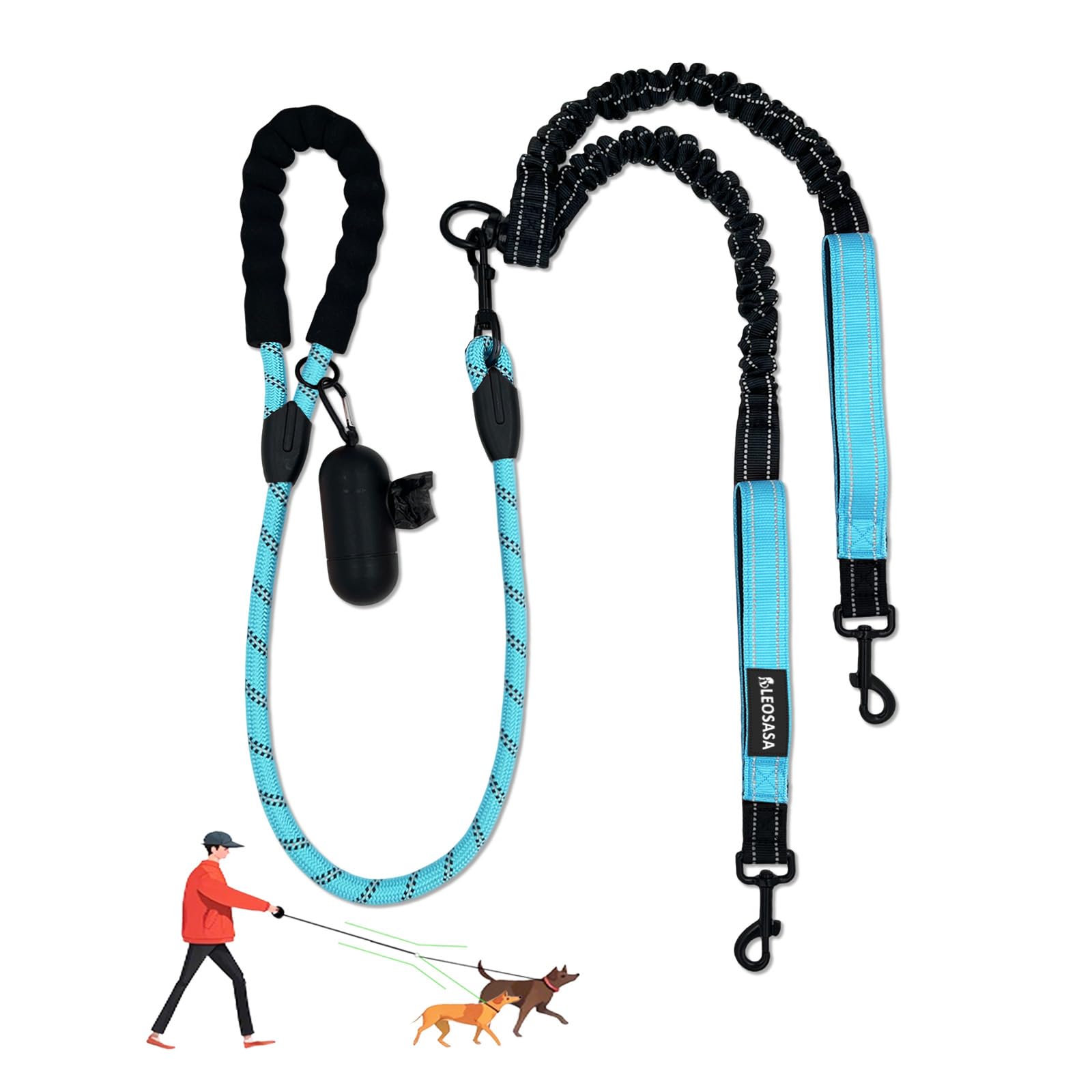 LEOSASA Double Dogs Leash - Removable Main Lead Rope with Splitter, No Tangle 2 Dog Coupler, Reflective No Pull Bungee, 3 Handle, D-Ring, Extra Long for Walk Train Medium Large Two Pet (BLUE)