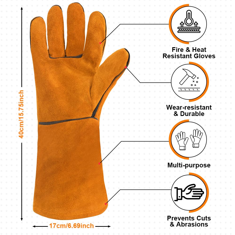 AUAUY Welding Gloves, Heat Resistant Long Leather Gauntlets, Fire Resistant Welders Gloves - Image 2