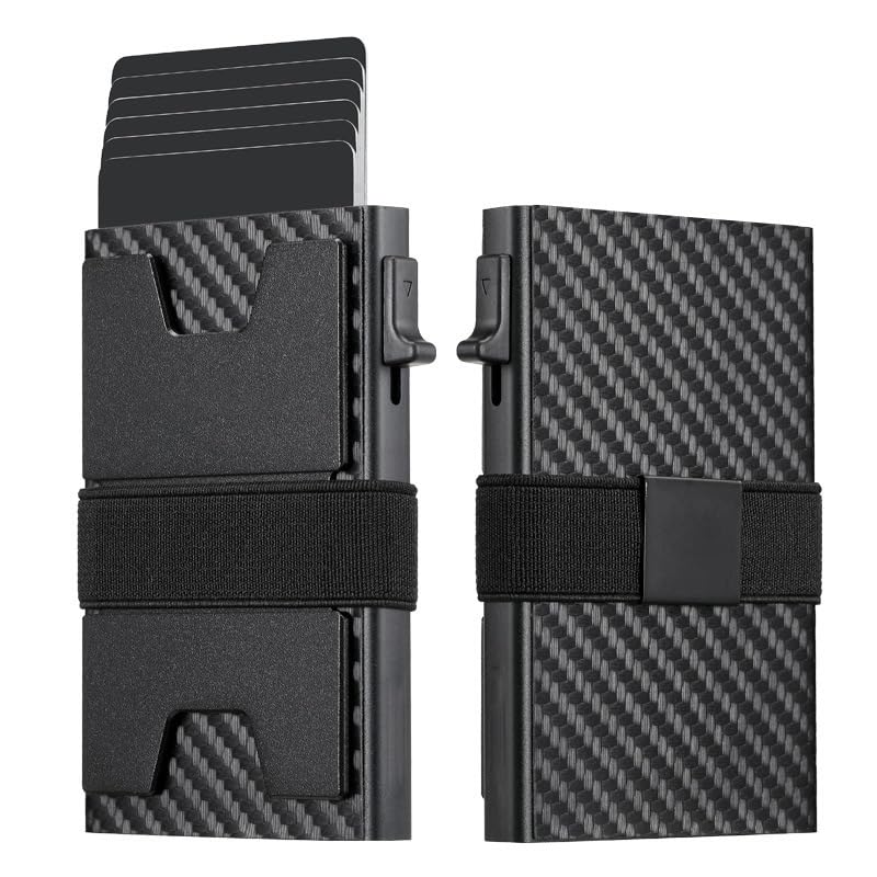 Jenoss Smart Pop Up Wallet for Men: Aluminum Card Holder Wallet, Slide Pop Up Case, Slim Metal RFID Blocking Credit Card Holder, Minimalist Compact 12+ Cards Slot Organizers ID Money Clip ( Carbon )