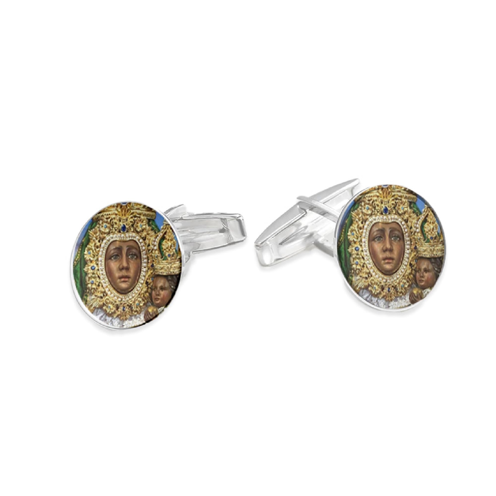 Pla Pla Pla Gemelos para Hombre Personalizado con foto Virgen de la Cabeza. Par de Gemelos circulares, para Bodas Plata. Gemelos para Camisa Traje Esmoquin. Regalo día del padre, regalo padrino