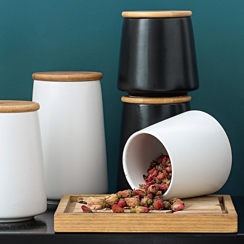 Ceramiczne pojemniki na zapasy z bambusową pokrywką, pojemnik do przechowywania żywności, do herbaty, cukru, kawy, orzechów, białe, A, 3-częściowy zestaw