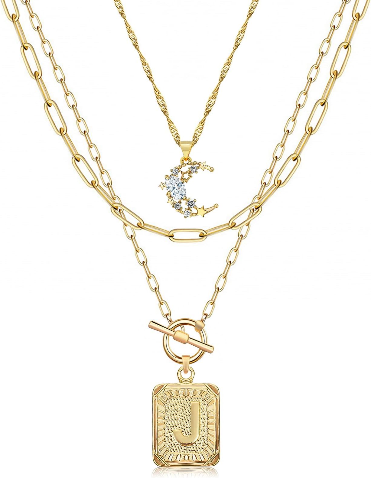 MJartoriaLayered Initial Necklaces for Women Trendy, 14K Gold Plated Simple Moon Choker Square Letter Pendant Necklace, Paperclip Chain Necklace, Gold Necklaces Jewelry Gifts